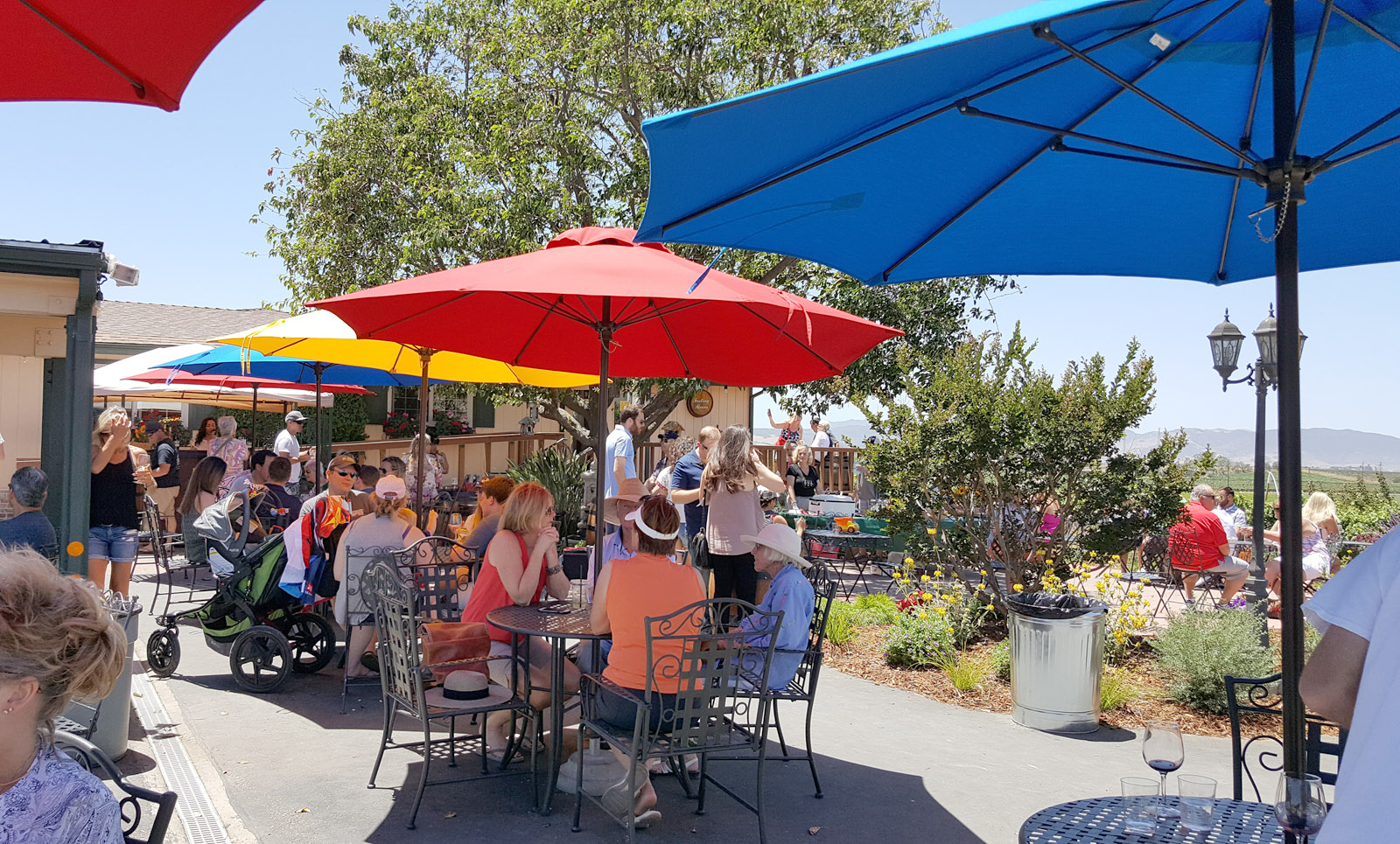 outdoor wine tasting under colorful umbrellas